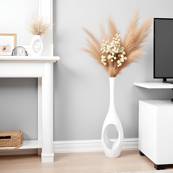 23.6" White Tall Floor Vase – Donut-Shaped Oval Body with Slim 3cm Neck, Modern Tall Decorative Vases for Living Room, Entryway, Office Decor – Resin Floor Vase