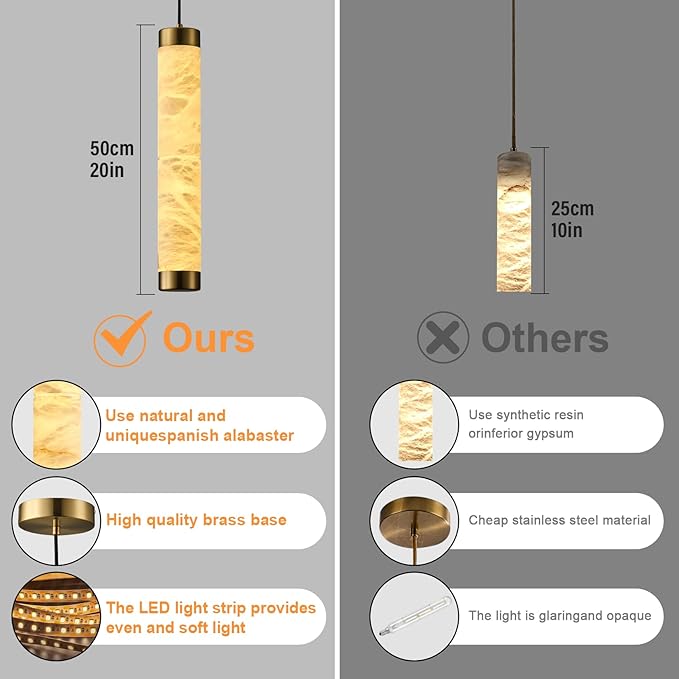 20" Natural Alabaster Pendant Light, Marble Cylinder Brass Pendant Lights, Natural Adjustable Modern Ceiling Light Fixtures for Kitchen Island, Dining Room, Bedroom, Bathroom, Living Room