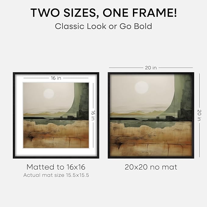 Homeforia 20x20 Black Wood Frame, High End Oak 20 x 20 Square Picture Frames with Mat 16 by 16 inches Photo, 20by20 Black Wooden Poster Frames Matted to 16x16 Print, Tempered Glass, Wall Kit, Set of 2