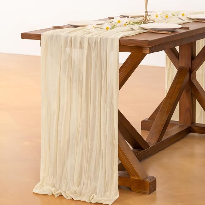 Socomi 3pcs Beige Valentine's Day Cheesecloth Table Runner Boho Rustic Gauze 120 inch 10FT Cheese Cloth Runner for Wedding Party Baby Shower Birthday Home Decor Holiday Decorations