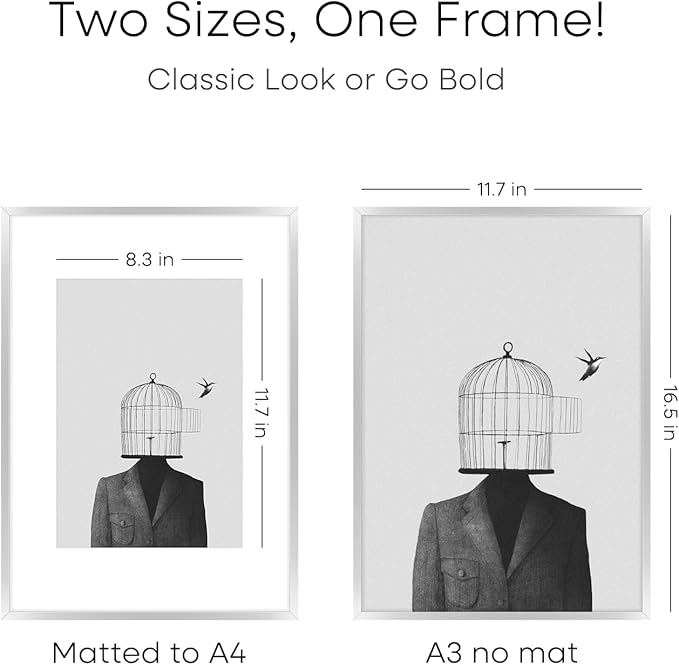 Homeforia A3 Picture Frame Silver, High End Metal 11.7 x 16.5 inch Poster Frames with Mat 8.3 by 11.7 for Photo, A3 Size Frames Matted to A4 Art, 11.7x16.5 Wall Hanging Frame, Tempered Glass, Set of 2