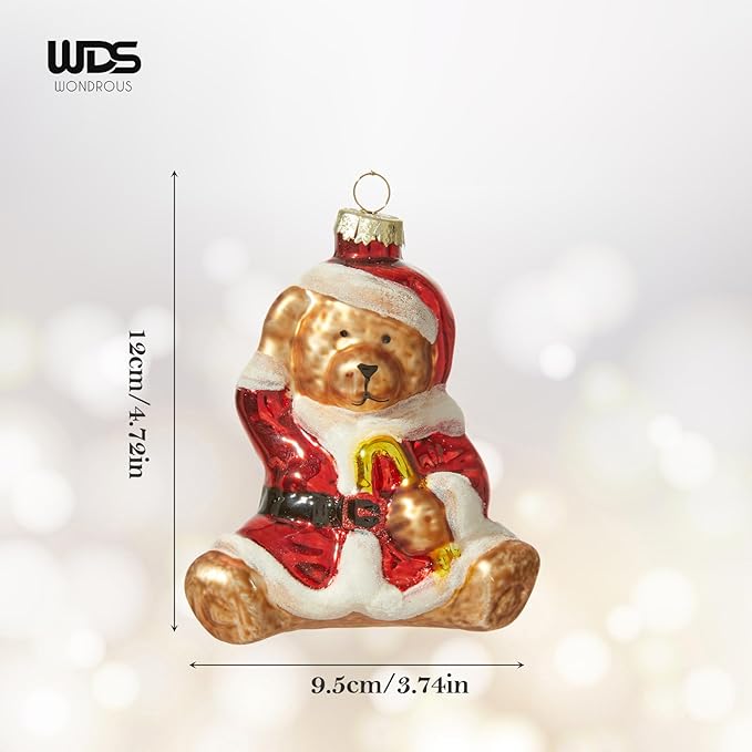 WDS WONDROUS Christmas Tree Ornaments Bear Balls, Cute Animal Glass Ornament, Gold & Red Christmas Hanging Ornament Decor for Tree, Whimsical Small Ornaments for Winter Holiday Decor (3.74”)