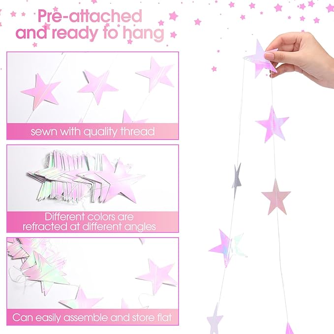 Patelai Glitter Star Garland Banner 2026 New Years Decor 130 Feet Star Hanging Banner Twinkle Backdrop for Birthday Classroom Wedding Christmas Party Supplies(Iridescent Pink)