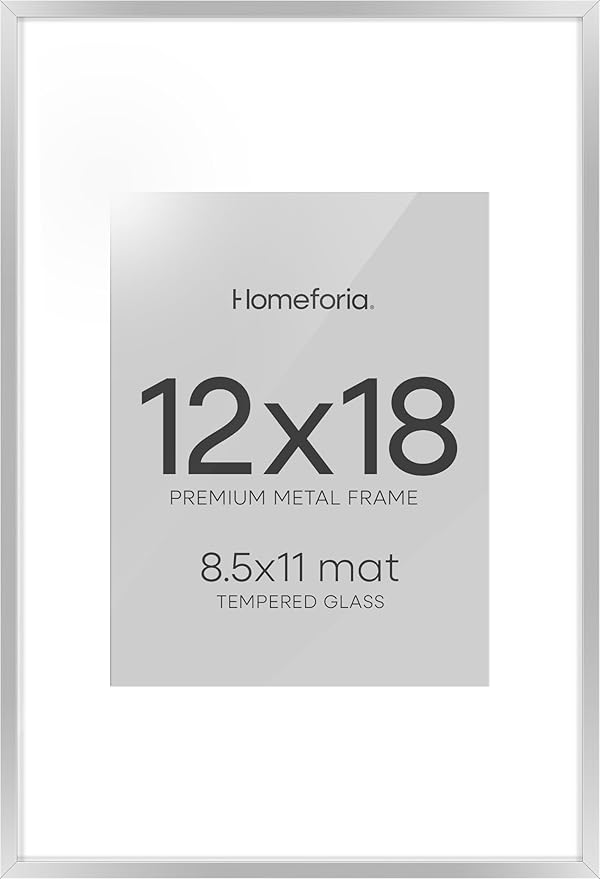 Homeforia 12x18 Silver Frame, High End Metal 12 x 18 Picture Frames with Mat 8.5 x 11 Photo, 18x12 Silver Poster Frame Matted to 11x8.5 Print, 18by12 Hanging Frames, Tempered Glass, Wall Kit, Set of 1