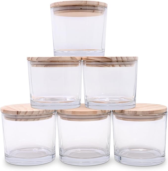 12 OZ Thick Candle Jars for Making Candles 6 Pcs, Empty Jars with Wood Lids for Spice Jars, Sample Container, Clear