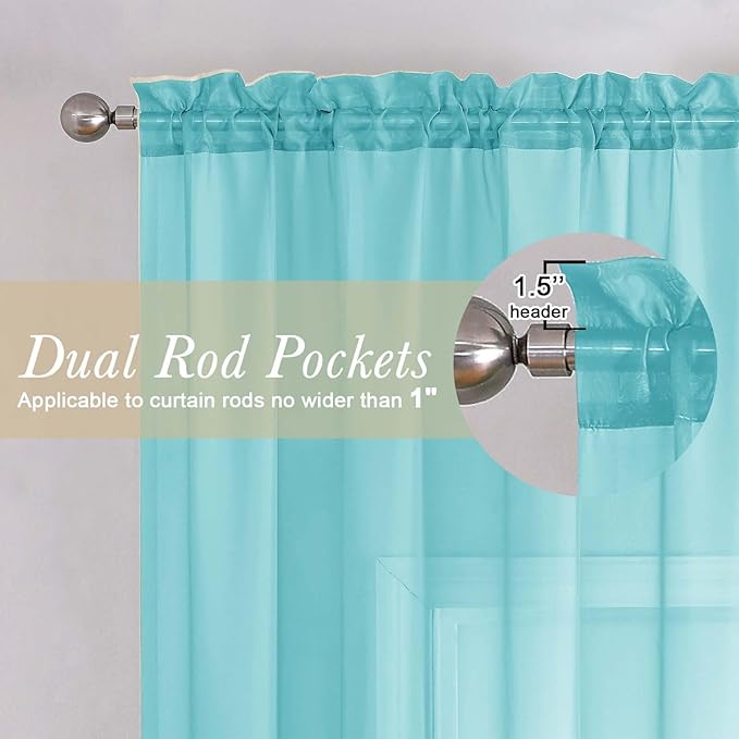 Lecloud Aqua Sheer Curtains for Living Room 78 Inches Long 2 Pcs, Dual Rod Pockets Light Filtering Airy Home Decor Window Curtains for Bedroom, Solid Color Voile Drapes, Each Panel 42" W x 78" L