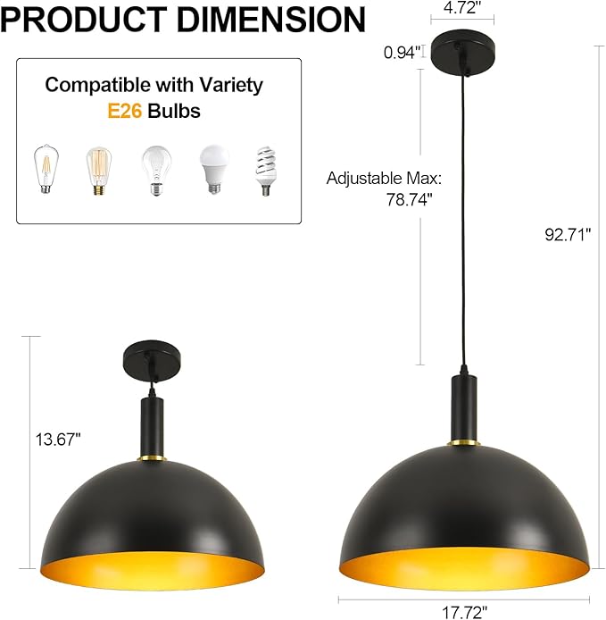 17.72" Large Pendant Lights Kitchen Island, Black and Gold Dome Pendant Lights, Modern Farmhouse Adjustable Black Industrial Metal Hanging Pendant Lightingfor Kitchen Island, Dining Room, Cafe, Bar