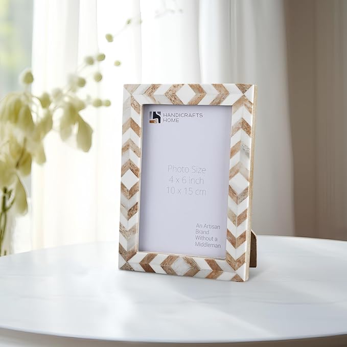 Handicrafts Home Chevron Mosaic Picture Frame– Handmade Bone Inlay 4 by 6 Photo Frame for Tabletop & Wall Decor, Home Decor, Boho Chic Coastal Farmhouse Frame, Colorful Desk & Shelf Decor- Brown White