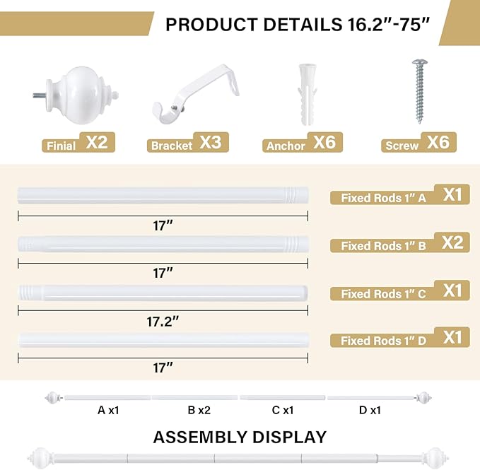 H.VERSAILTEX Curtain Rods for Windows 16.2 to 75 Inches 1 inch Diameter Adjustable Decorative Telescoping Curtain Rod with Brackets Heavy Duty Splicing Window Rods with Decorative Finials, White