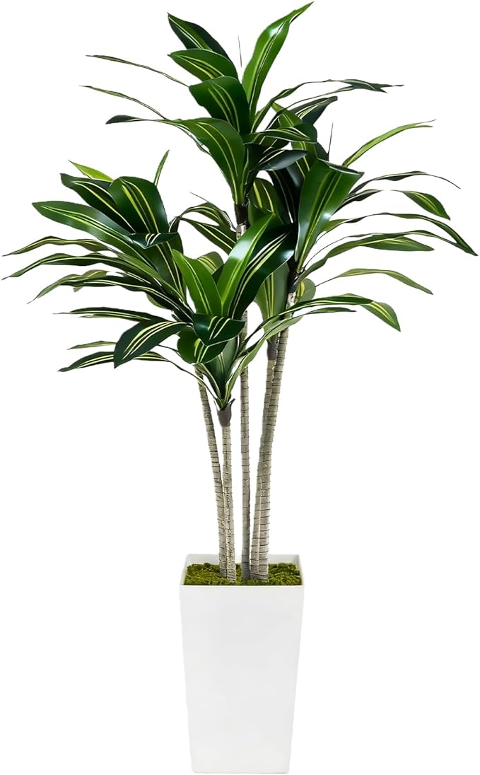 Artificial Dracaena Tree 5FT with White Tall Planter - Faux Tree Tall Fake Floor Plant in Pot-Artificial Plants Indoor for Home Office Living Room Décor (Dracaena 5ft)