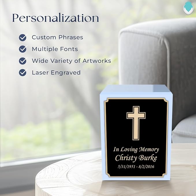 GetUrns Custom Simple Cross Small Urn Box for Human Ashes I Personalized Wooden Keepsake Cremation Urn for Male or Female I Light Blue Memorial Box I 40lbs