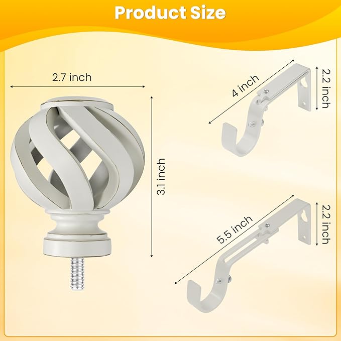 Curtain Rod for Windows 48 to 84 inches: 1 inch Diameter Heavy-duty Adjustable Decorative Curtain Rod, Weathered white Boho Rustic Drapery Rods with Twisted Cage Finials for Bedroom & Living Room