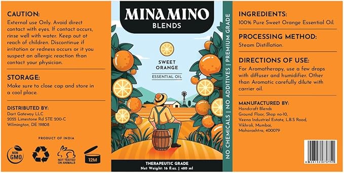 16 fl oz - Sweet Orange Essential Oil (100% Pure & Natural) Large Aluminum Bottle for Aromatherapy, Diffuser, Candle & Soap Making - Minamino Blends