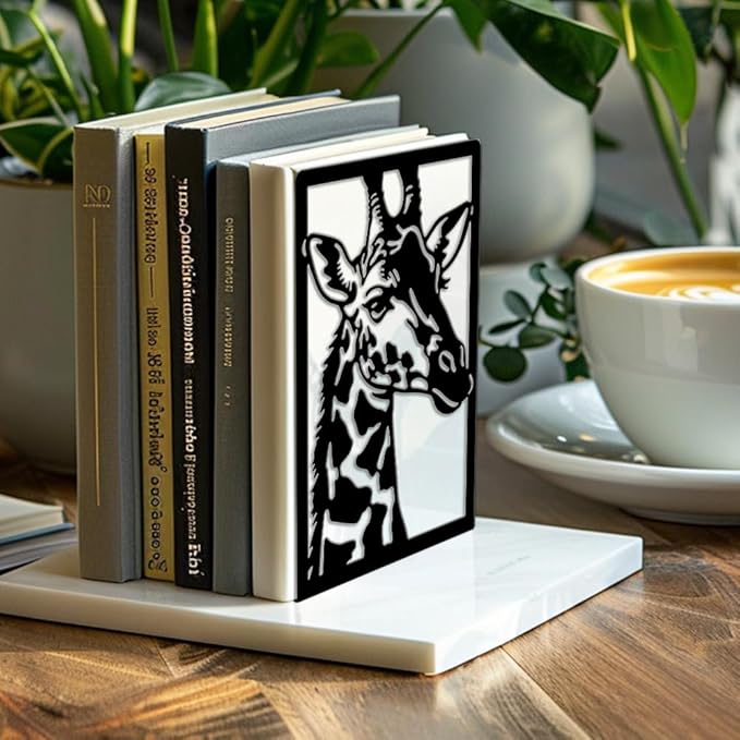 Peacoblue Metal Bookends for Shelves, Modern Decorative Heavy Duty Study Book Ends Stoppers for Office, Desk, Shelf, Room 5.3"x4.3"x7.9" Cast Iron Simple Tall Bookends 1 Pair (Giraffe)