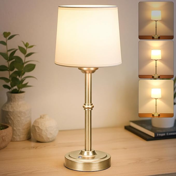 Beside Table Lamp Gold, 6000mAh Battery Powered Table Light, Wireless Nightstand Lamp for Bedroom/Living Room/Restaurant/Counter/Patio/Home Bar