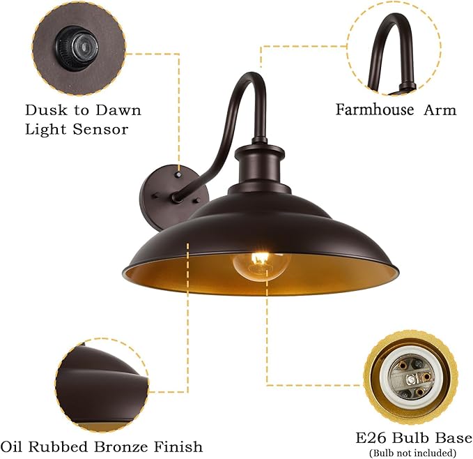 Dusk to Dawn Outdoor Barn Light Fixture, 16 Inch Dome Large Wall Sconce Farmhouse Exterior Wall Mount Light for House Garage Patio Doorway, 1 Pack