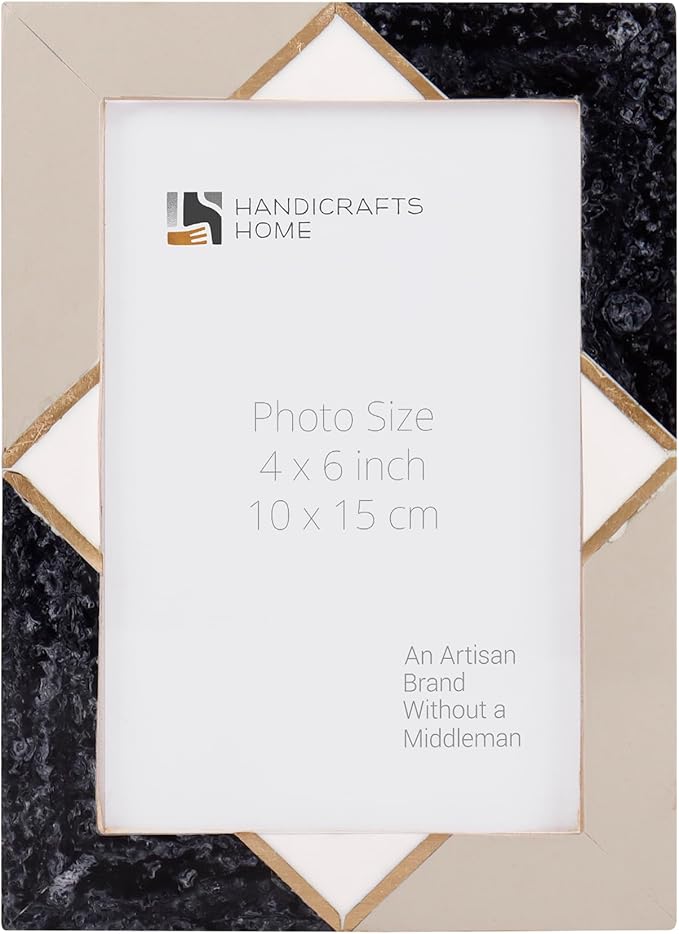Handicrafts Home 4 by 6 Black Picture Frame – Menton Collection Handmade Resin Inlay & Brass Photo Frame for Modern Wall Decor, Holiday & Seasonal Home Styling, Shelf & Desk Decor, Minimal Home Decor