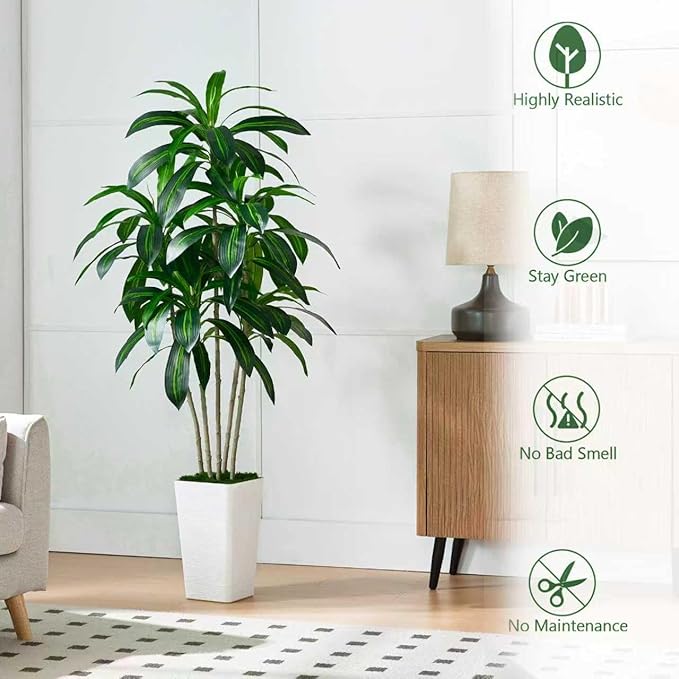 Artificial Dracaena Tree-6FT Tall Fake Plants with White Tall Planter-Artificial Plants Indoor Floor Plant in Pot-Large Tropical Fake Yucca Potted Tree for Home Office Living Room Decor