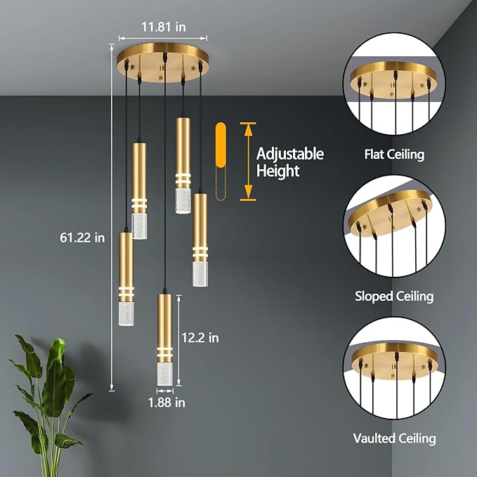 Pendant Lights Kitchen Island, Crystal Pendant Light Fixtures Mini 30W LED Modern Kitchen Pendant Lighting Over Sink and Living Room and Bedroom (Gold 5 Light)