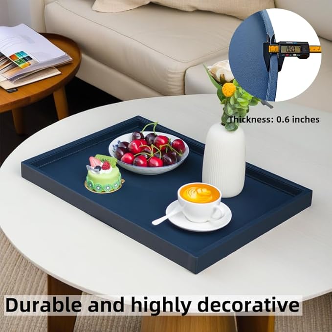 25 * 25 Inch Rectangular Ottoman Tray | Textured PU Leather, Waterproof & Heat-Resistant Storage for Coffee/Dining Tables, Sofa, Bed, Entertainment & Party (Navy Blue, 25 * 25in)