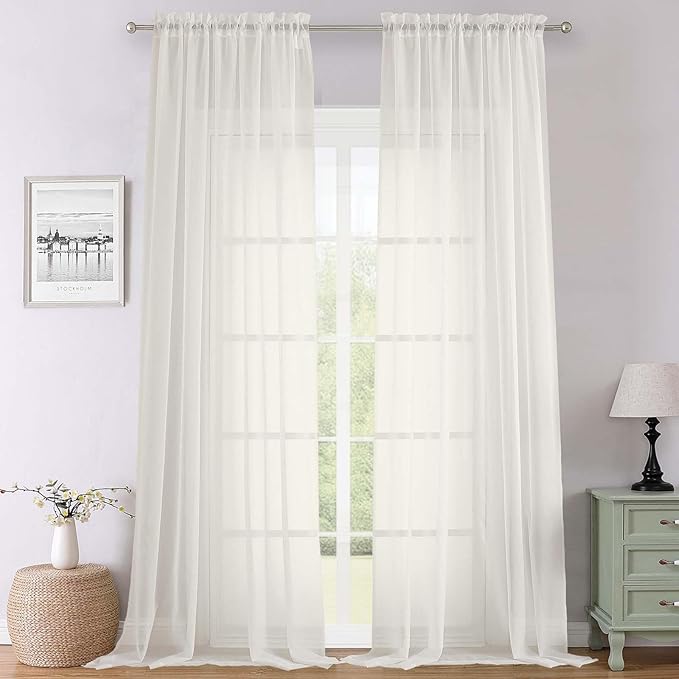 Lecloud Ivory Sheer Curtains 120 Inches Long 2 Panels, Extra Wide Farmhouse Elegant Light Filtering Window Curtains, Solid Airy Voile Sheer Curtain for Living Room Balcony Big Windows, 59" W x 120" L