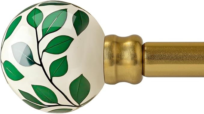 Ceramic Gold Curtain Rods for Windows 66 to 120 Inches Adjustable Length Heavy Duty 1" Diameter Window Curtain Rod with Modern Green Leaf Pattern Decorative Finials for Bedroom Living Room Kitchen