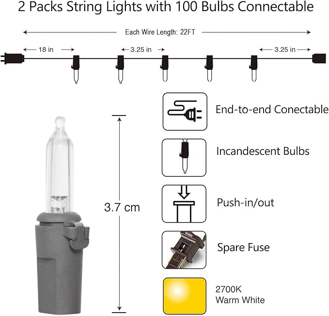 Vigdur 2 Pack 21ft 100 Clear Outdoor String Lights on Brown Wire Cord, UL Approved for Indoor/Outdoors Use, Connectable 120V Clear Outdoor Lights for Xmas Patio Home Party Garden Decor (2Packs)