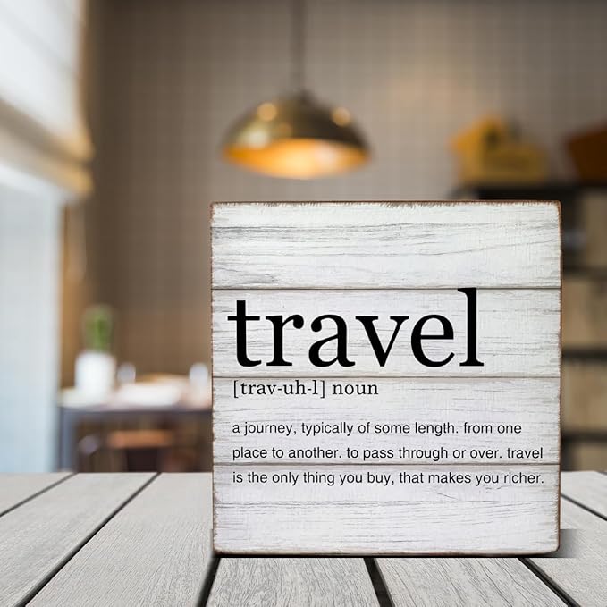 Traveler Gifts Travel Definition Wooden Box Sign Travel Quote Desk Decorative Wooden Sign Home Office Decor for Desk Table Shelf 5 x 5 Inches