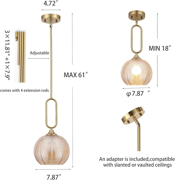 Amber Glass Pendant Light Modern Globe Pendant Lighting Nordic Ribbed Gold Ceiling Hanging Chandelier with Brushed Brass Adjustable Rods Dining Room Kitchen Island Light Fixture