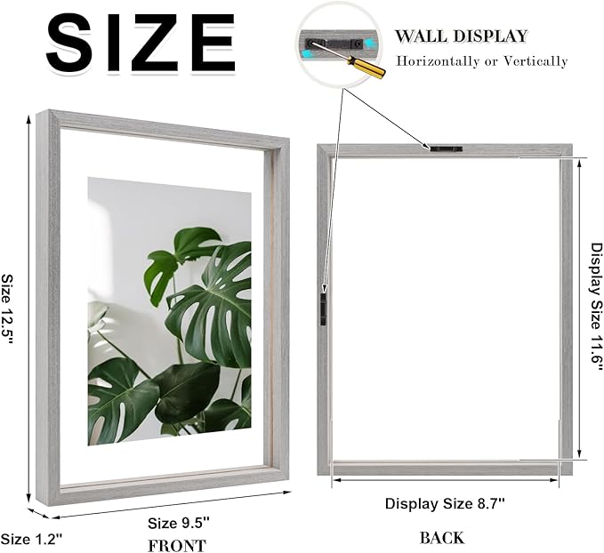 Egofine 9x12 Floating Frames Set of 2, Double Plexiglass Picture Frame, Made of Solid Wood Display Any Size Photo up to 9x12, Wall Mount or Tabletop Standing, Light Grey
