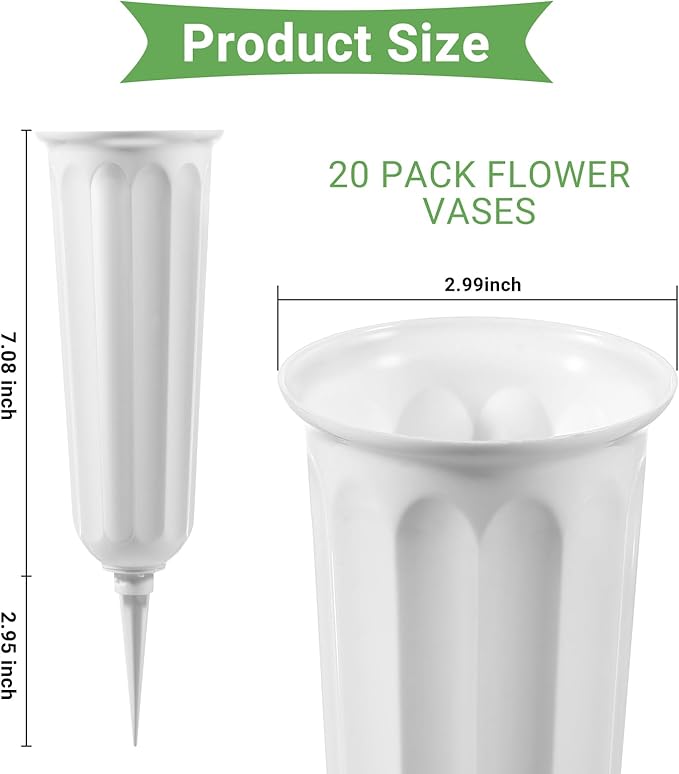 20 Pack Cemetery Vases with Spikes,Plastic Vases for Flowers,Grave Decorations for Cemetery,Grave Flower Holder,Memorial Floral Vase(White)