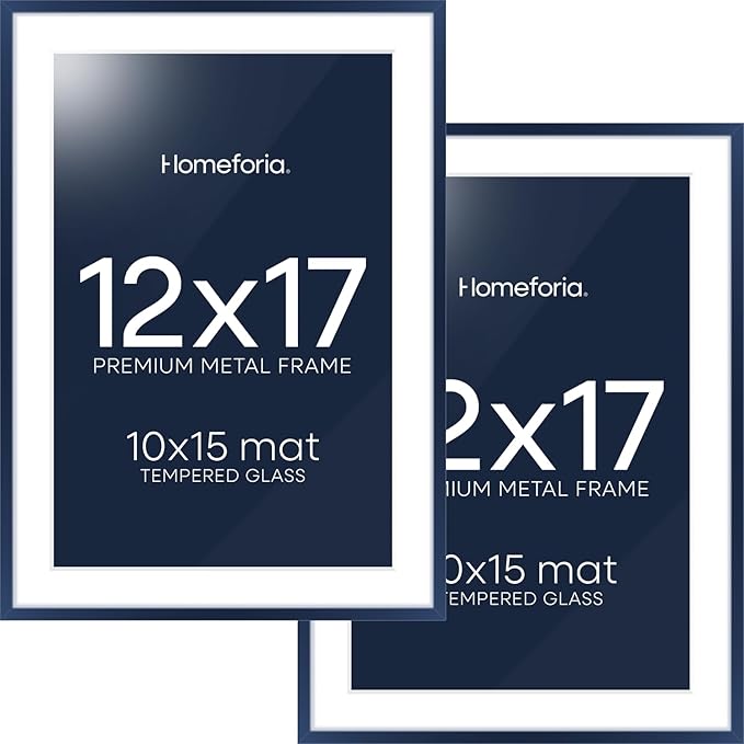 Homeforia 12x17 Picture Frame Navy Blue, High End Metal 12x17 Poster Frames with Mat 10x15 Photo, 12 x 17 Navy Blue Frame Matted to 10 by 15 Print, 17x12 Thin Frame, Tempered Glass, Wall Kit, Set of 2