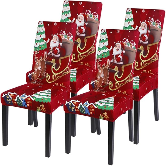 SearchI Christmas Chair Covers Set of 4, Stretch Xmas Kitchen Chair Cover Removable Washable Holiday Parsons Chair Slipcovers for Dining Room, Christmas Decoration, Ceremony(Santa Claus+Elk)