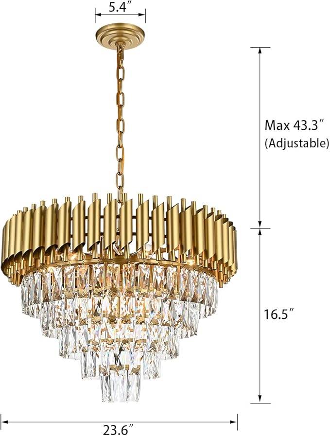 11-Light Modern Round Crystal Chandelier Lights, 5 Tiers Luxury Pendant Ceiling Light, 23.6" Crystal Chandeliers Lighting for Dining Living Room Kitchen Island Bedroom Foyer Hallway (Gold)