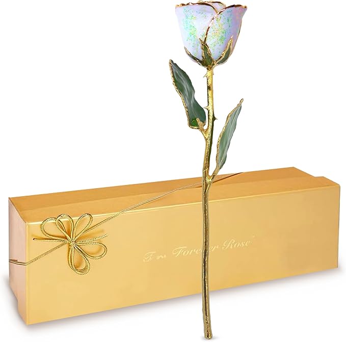 Forever Rose Hand-Dipped in 24K Gold, Opal Inspired October Birthstone with Sparkles, Real Rose in Luxury Gold Gift Box – Perfect Ready to Gift for October Birthday or Any Occasion