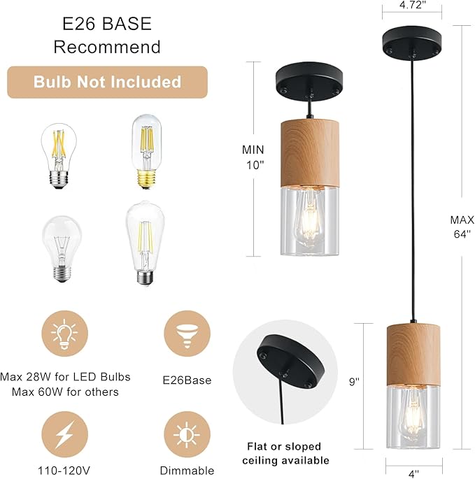 2-Pack Modern Pendant Lights for Kitchen Island, Adjustable Pendant Light Fixtures with Raw Wood Grain, Industrial Clear Glass Pendant Lights for Dining Table Hallway Bedroom Living Room