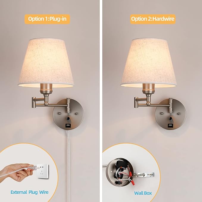 Swing Arm Wall Lamp Wall Mount Lamp with Cord Plug in Wall Sconce Lighting with Dimmable On Off Switch Wall Light with USB Port Plug in Wall Lamp for Bedroom Reading Satin Nickel Finish