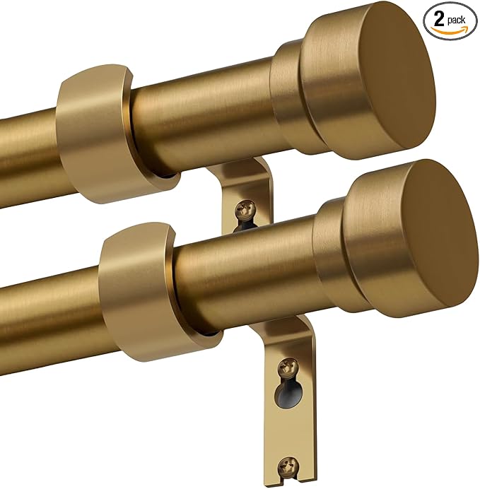 2 Pack Brass Gold Curtain Rods Set for Windows 48 to 84 Heavy Duty 1" Diameter Adjustable Window Single Rods with Solid Metal Finials for Bedroom Living Room Kitchen Farmhouse