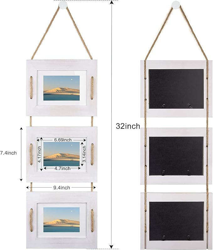 DLQuarts 5x7 Hanging Picture Frames Collage Wall Decor, 3-Opening Photo Frame 5x7 Without Mat & 3.5x5 with Mat, Rustic Wood 3-Frame, Vintage White