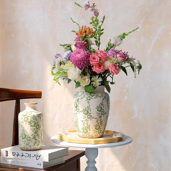 10” Retro Crackle Glaze Ceramic Vase Rustic Green Vases Decorative Vases Farmhouse Home Decor Vase Chinoiserie Vintage Flower Vases