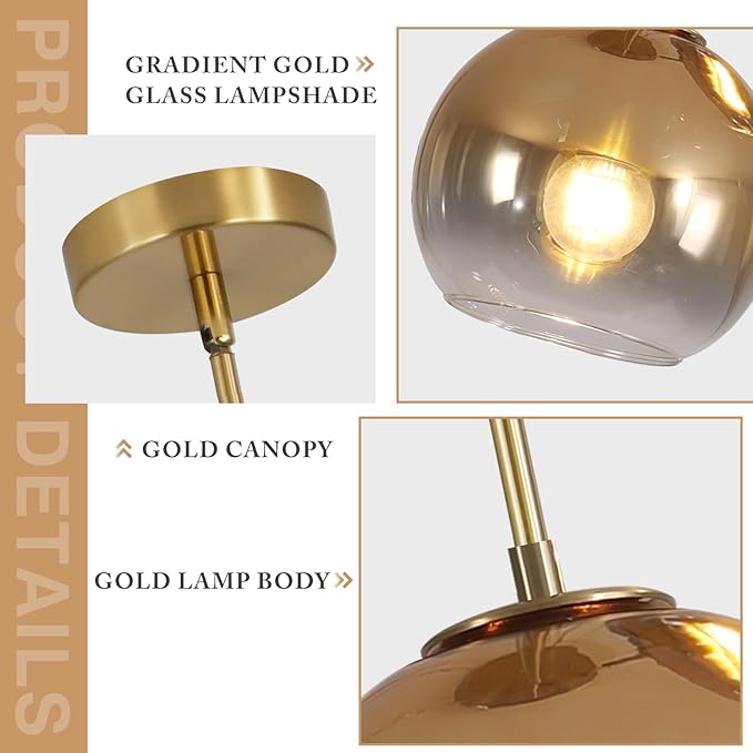KCO Lighting Globe Pendant Lights Gradient Gold Glass Pendant Light Modern Kitchen Island Lighting Vintage Hanging Light Fixture Mid Century Hanging Lamp