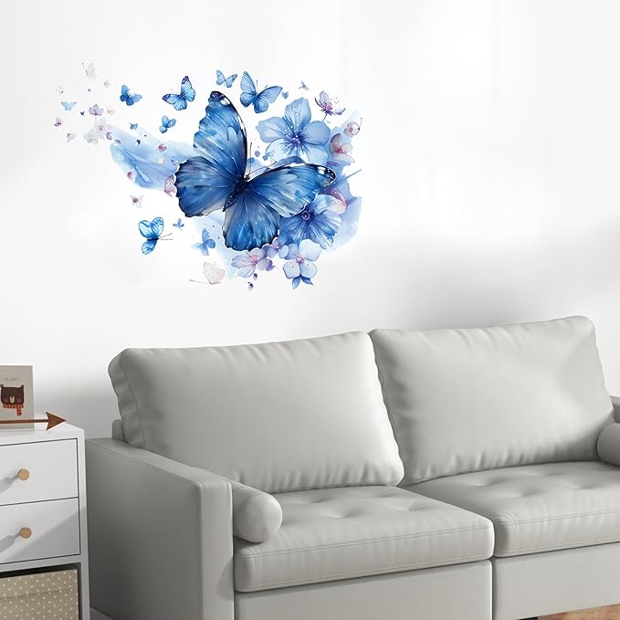 Blue Butterfly & Flower Watercolor Wall Decals – Large Removable Vinyl Stickers, Dreamy Wall Art for Bedroom, Living Room, Bathroom, or Office Decor