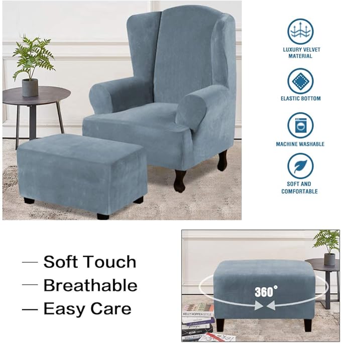 H.VERSAILTEX Real Velvet Plush 1 Piece Form Fit Stretch Rectangle Folding Storage Covers Ottoman Slipcovers Removable Footstool Protect Footrest Covers Elastic Bottom Washable(Large, Stone Blue)
