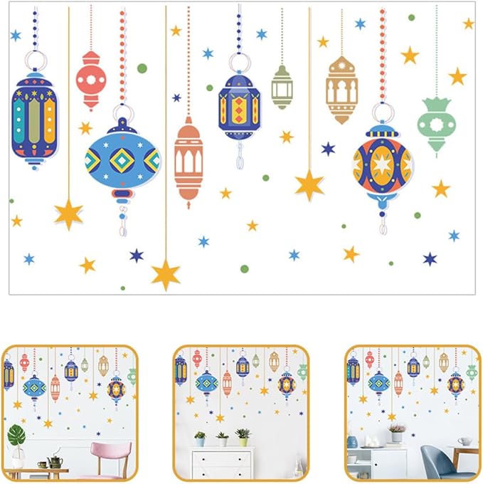 Colorful Lantern Pattern Wall Decal for Room Decor Handmade Celebration Wall Sticker Peel and Stick Star Lantern Theme for Holiday Celebration