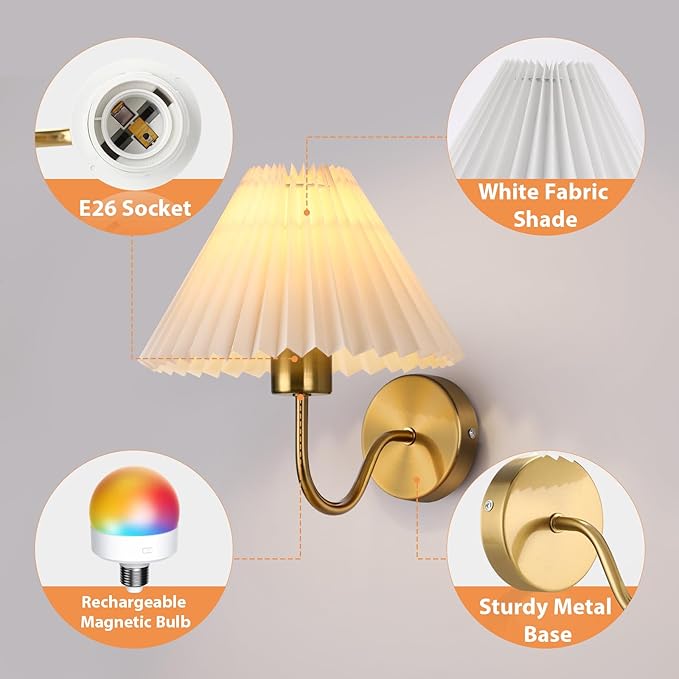 Battery Operated Wall Sconce Set of 2, Wireless Wall Sconces, Pleated Shades Rechargeable Wall Lights with Remote Control, Dimmable 15 Colors & Magnetic Bulbs Home Decor for Bedroom Living Room(Gold)