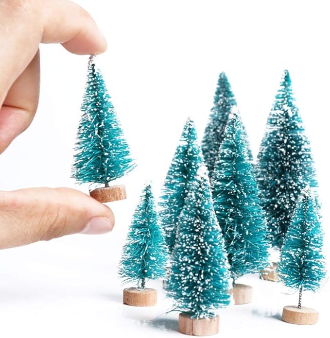 Artificial Mini Sisal Christmas Trees Snow Frost with Wooden Bases for Home Party Decoration Ornament DIY Craft (Blue-Green, 12.5 cm/10 pcs)