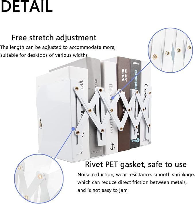 Adjustable Metal Bookends Heavy Duty for Shelves, 2 Dividers, Anti-Slip Design Expandable Book Ends for Desk, Office(White, 19 inches Max)