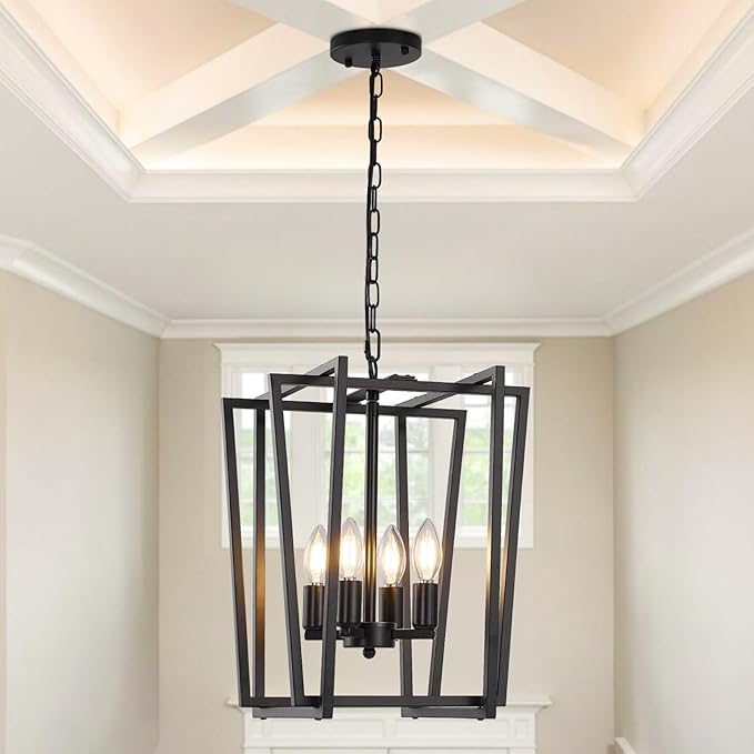WJShome 4-Light Black Chandelier: A Must-Have Farmhouse Dining Room Light Fixture! Enjoy Modern Ceiling Lantern Pendant Style with Adjustable Height for Kitchen Island & Entryway