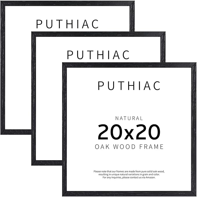 20x20 Black Picture Frames for Wall - Minimalist 20x20 Oak Wood Frames, 20"x20" Picture Frame Wood, Natural Solid Wooden Picture Frames for Wall Art Photo and Prints (3 Pack, Black)