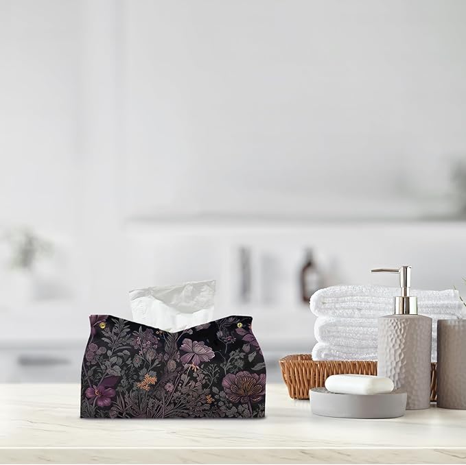 Black Floral Leather Tissue Box Cover Rectangle,Wildflower Toilet Paper Box Holder,Cottagecore Decorative Facial Paper Case for Farmhouse Living Room Bathroom Kitchen Office Desk,9.8x5.9x5.9